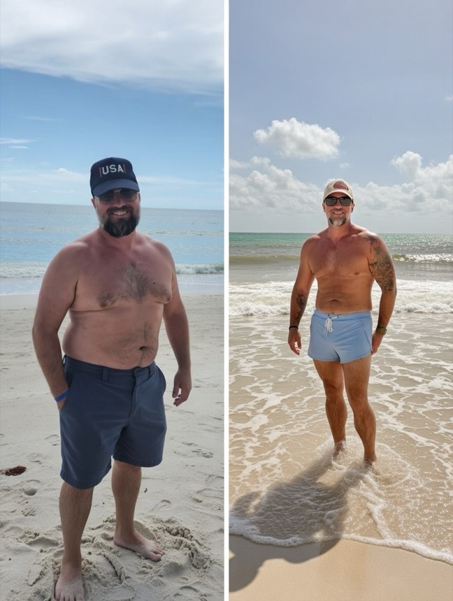 Matt P. photographed on a beach before and after his change: heavier and fuller-figured on the left, noticeably leaner and more muscular on the right.